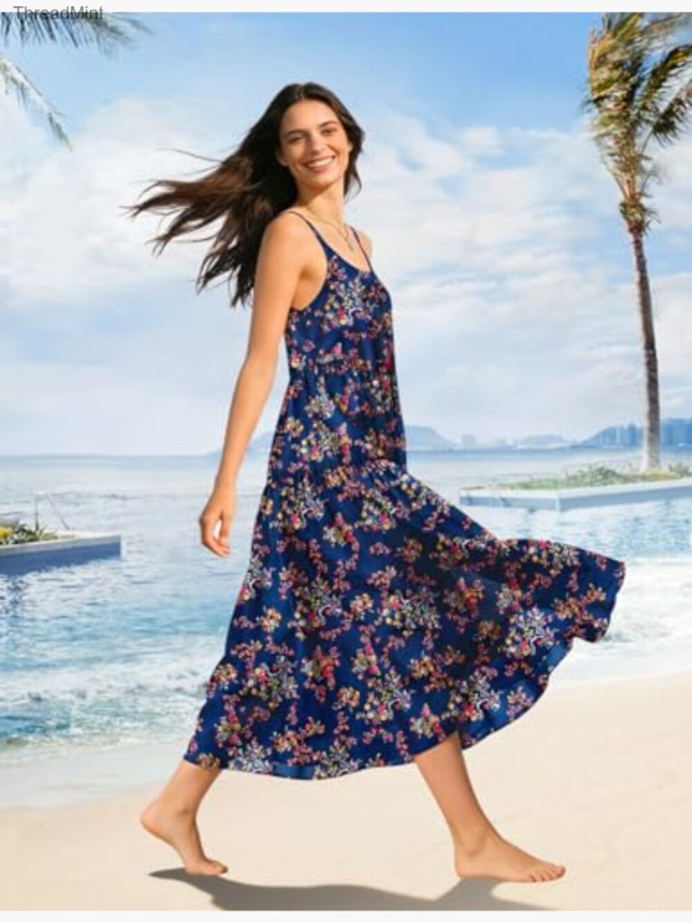 Sleeveless A-Line Maxi Sundress with Pockets Spaghetti Strap Flowy - Picture 3 of 7